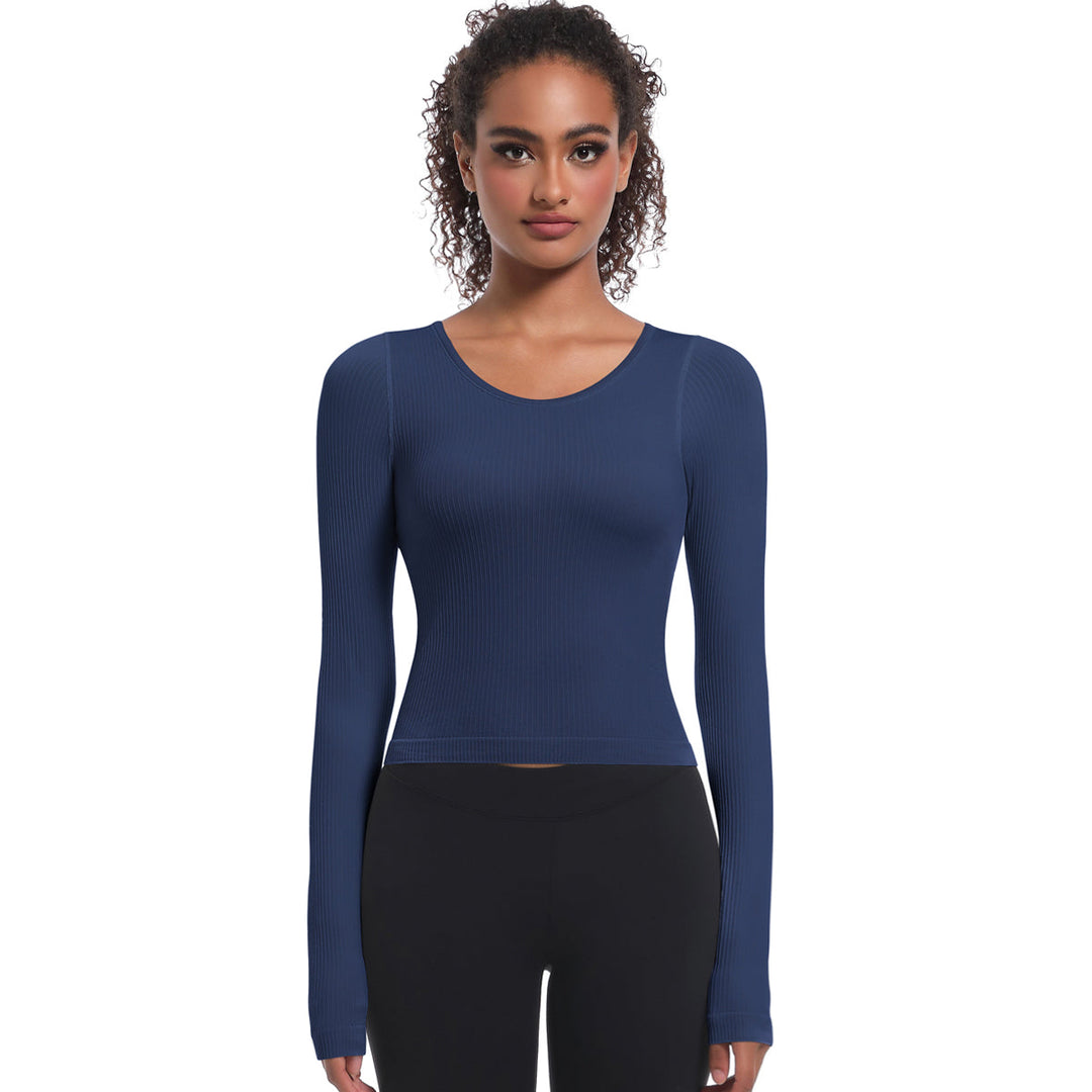 Seamless Crew Neck Long Sleeve Top with Built-in Bra