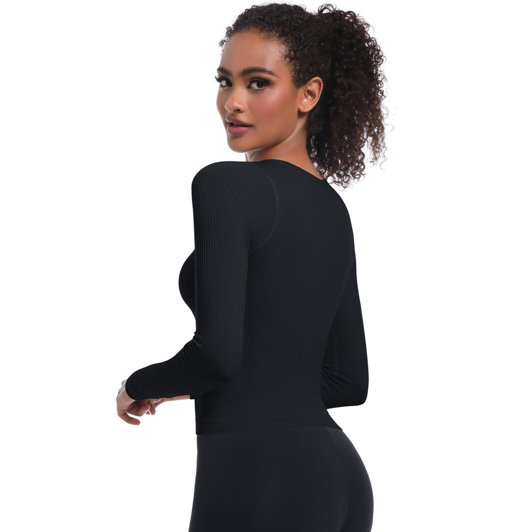 Seamless Crew Neck Long Sleeve Top with Built-in Bra