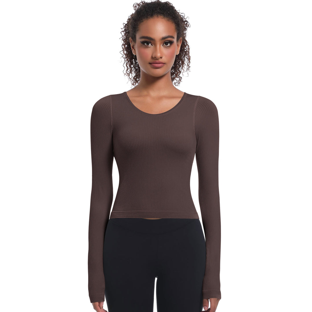 Seamless Crew Neck Long Sleeve Top with Built-in Bra