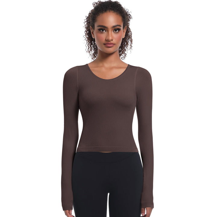 Seamless Crew Neck Long Sleeve Top with Built-in Bra