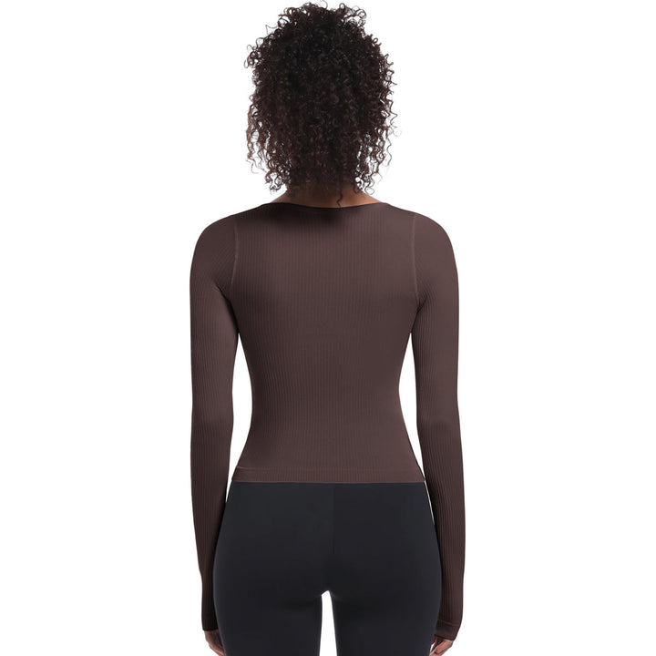 Seamless Crew Neck Long Sleeve Top with Built-in Bra