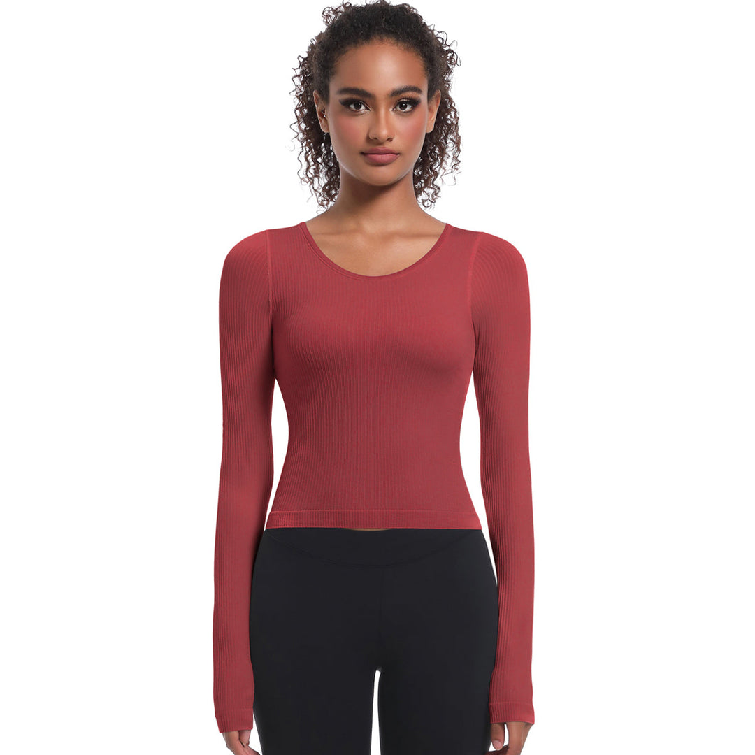 Seamless Crew Neck Long Sleeve Top with Built-in Bra