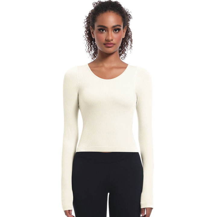 Seamless Crew Neck Long Sleeve Top with Built-in Bra