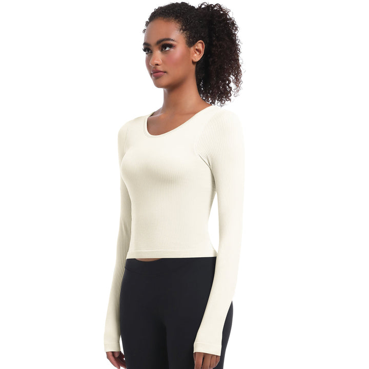 Seamless Crew Neck Long Sleeve Top with Built-in Bra