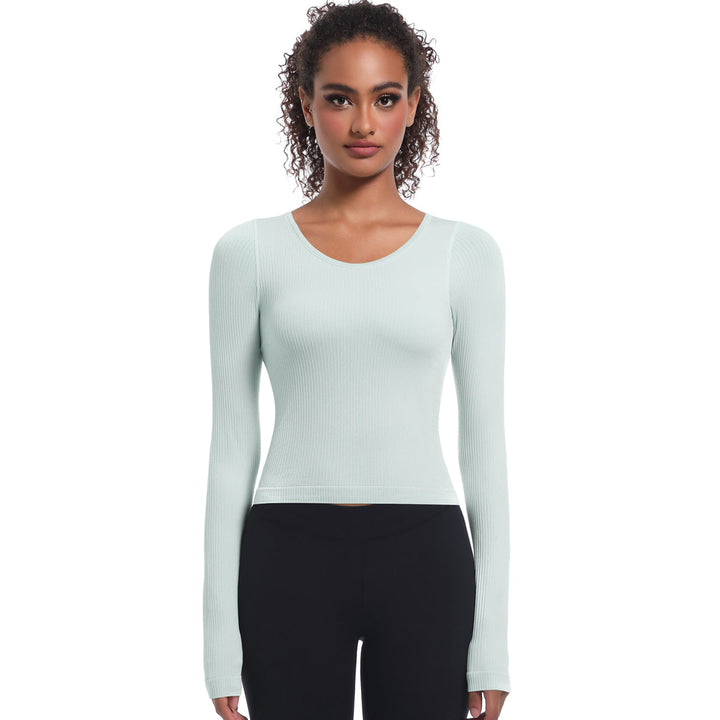 Seamless Crew Neck Long Sleeve Top with Built-in Bra
