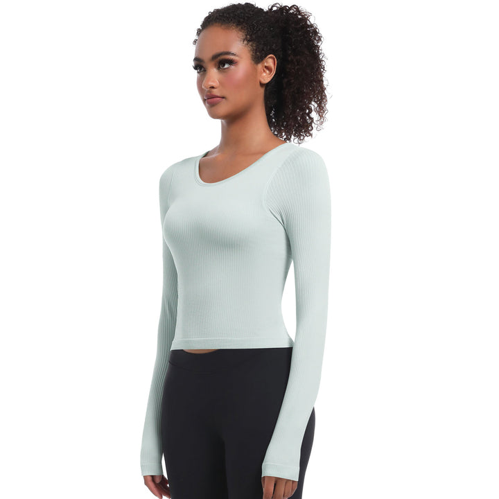 Seamless Crew Neck Long Sleeve Top with Built-in Bra