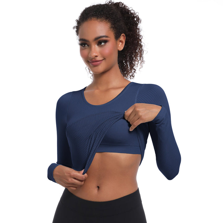 Seamless Crew Neck Long Sleeve Top with Built-in Bra